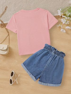 Adorable Cartoon Little Princess Graphic Print, Girl's 2 Pcs Outfit Set