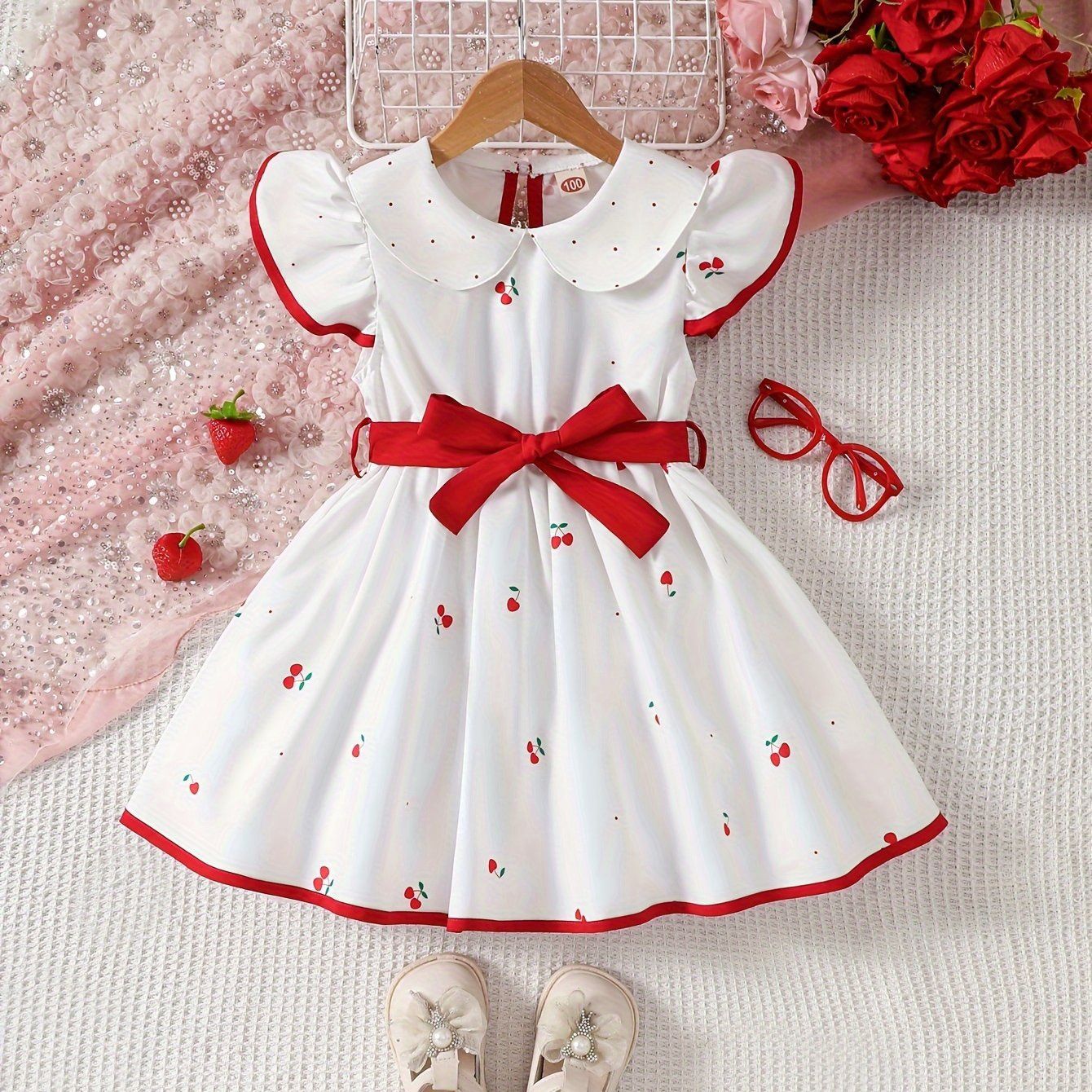 Adorable Toddler Girls&#39; Cherry &amp; Floral Pattern Dress with Ruffle Sleeves and Red Belt, Size: 9-12M
