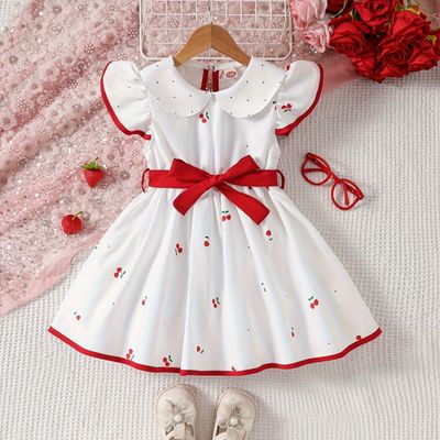 Adorable Toddler Girls' Cherry &amp; Floral Pattern Dress with Ruffle Sleeves and Red Belt