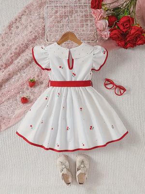 Adorable Toddler Girls' Cherry &amp; Floral Pattern Dress with Ruffle Sleeves and Red Belt