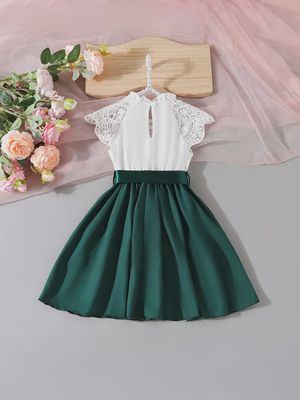 Elegant Summer Dress for Youngsters Girls - Romantic Lace &amp; Woven Green