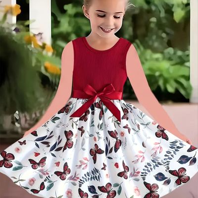 Girls&#39; Casual Floral Butterfly Print Midi Dress with Belt