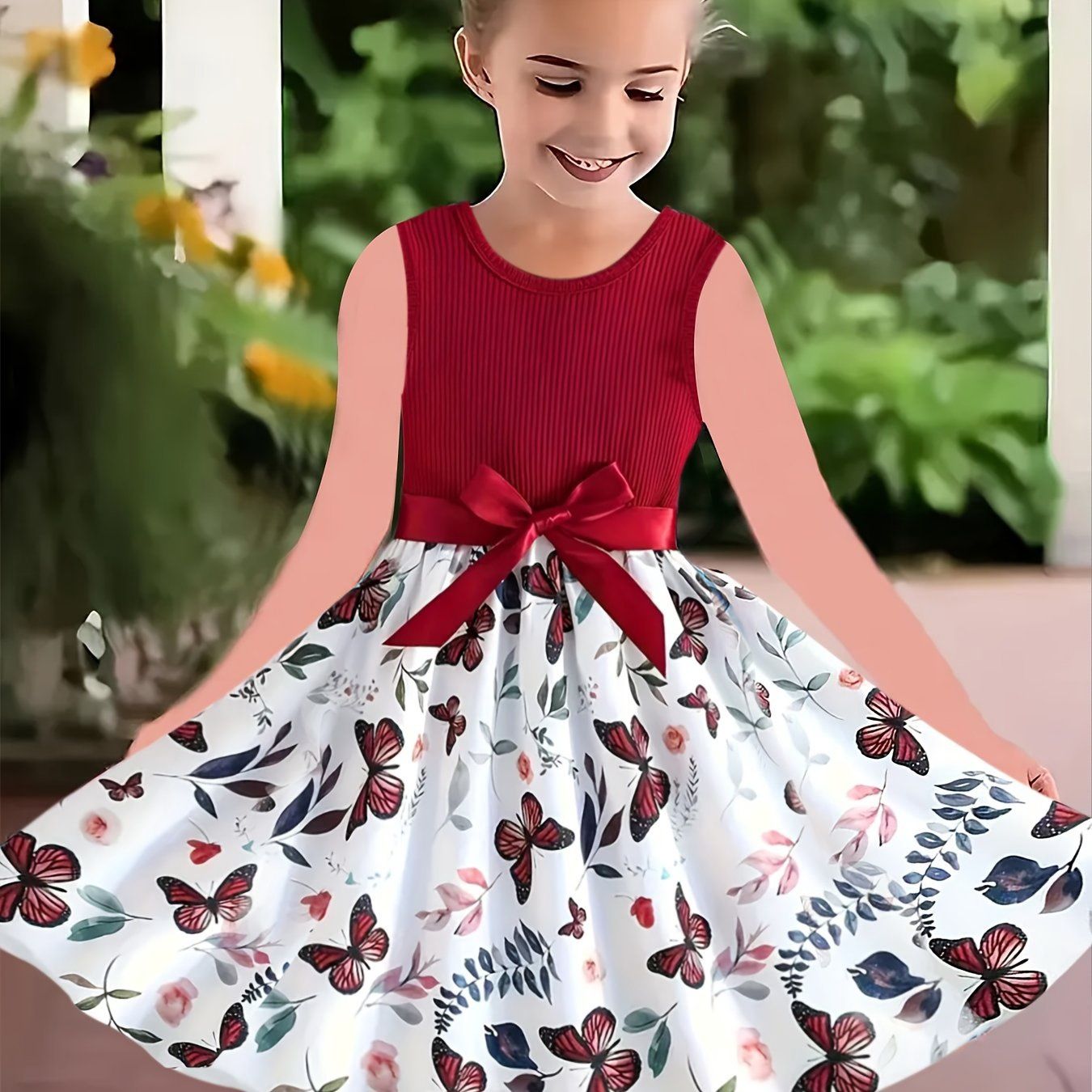 Girls&#39; Casual Floral Butterfly Print Midi Dress with Belt, Size: 5-6Y