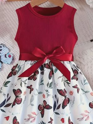 Girls' Casual Floral Butterfly Print Midi Dress with Belt