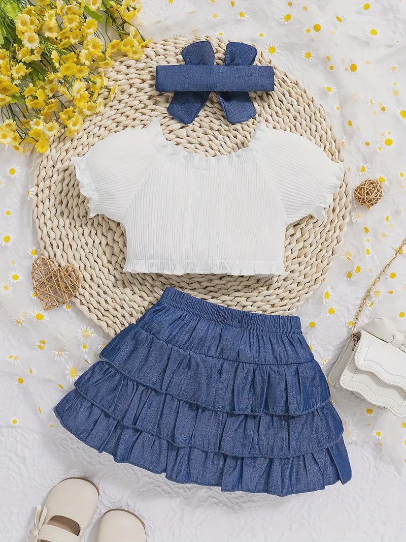 Baby&#39;s 2pcs Casual Summer Outfit, Ribbed Puff Sleeve Top &amp; Layered Skirt &amp; Headband Set,, Size: 9-12M