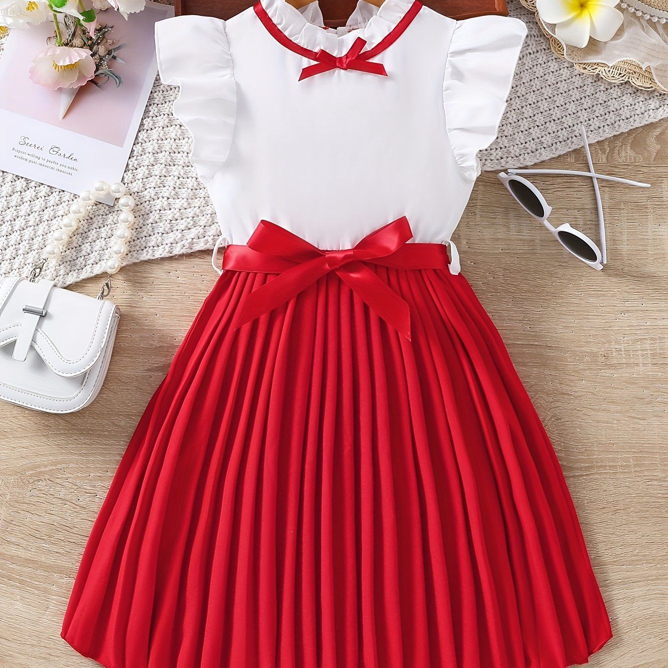 Elegant Frill Sleeve Splicing Pleated  Dress, Size: 3-4Y