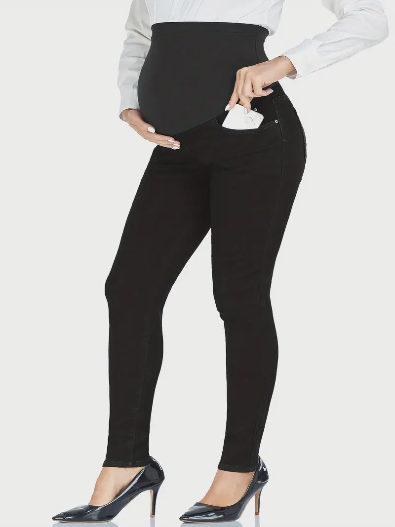 Women&#39;s Maternity Jeans Over The Belly Slim Stretchy High Waist Denim Skinny Pants With Pockets - Black, Size: Lg