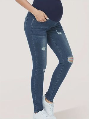 Women's Maternity Jeans Over The Belly Slim Stretchy High Waist Denim Skinny Pants With Pockets- Navy