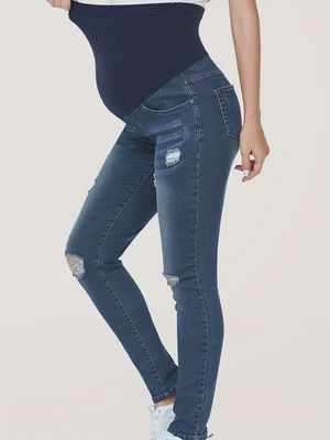Women's Maternity Jeans Over The Belly Slim Stretchy High Waist Denim Skinny Pants With Pockets- Navy
