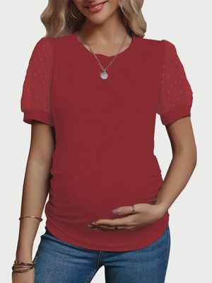 Women's Maternity Solid Puff Sleeve T-shirt For Summer, Trendy Casual Textured Tees