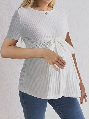 Chic Maternity Short Sleeve Top - Breathable Polyester, Round Neck with Tie-Back Detail