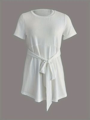 Chic Maternity Short Sleeve Top - Breathable Polyester, Round Neck with Tie-Back Detail