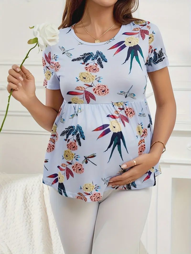 Comfortable Short Sleeve, Round Neck Top for Pregnant Women, Maternity Clothes, Size: Med