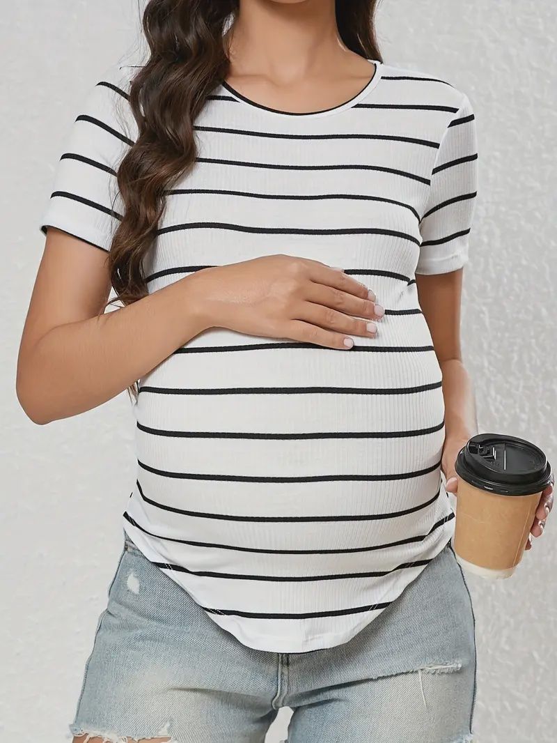 Elegant Striped Crew Neck T-Shirt, Size: Sm