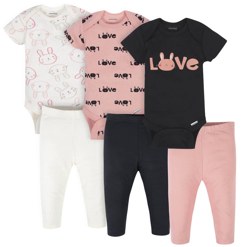 6-Piece Baby Girls Bunny Onesies® Brand Bodysuits &amp; Pants Set, Size: 3-6M