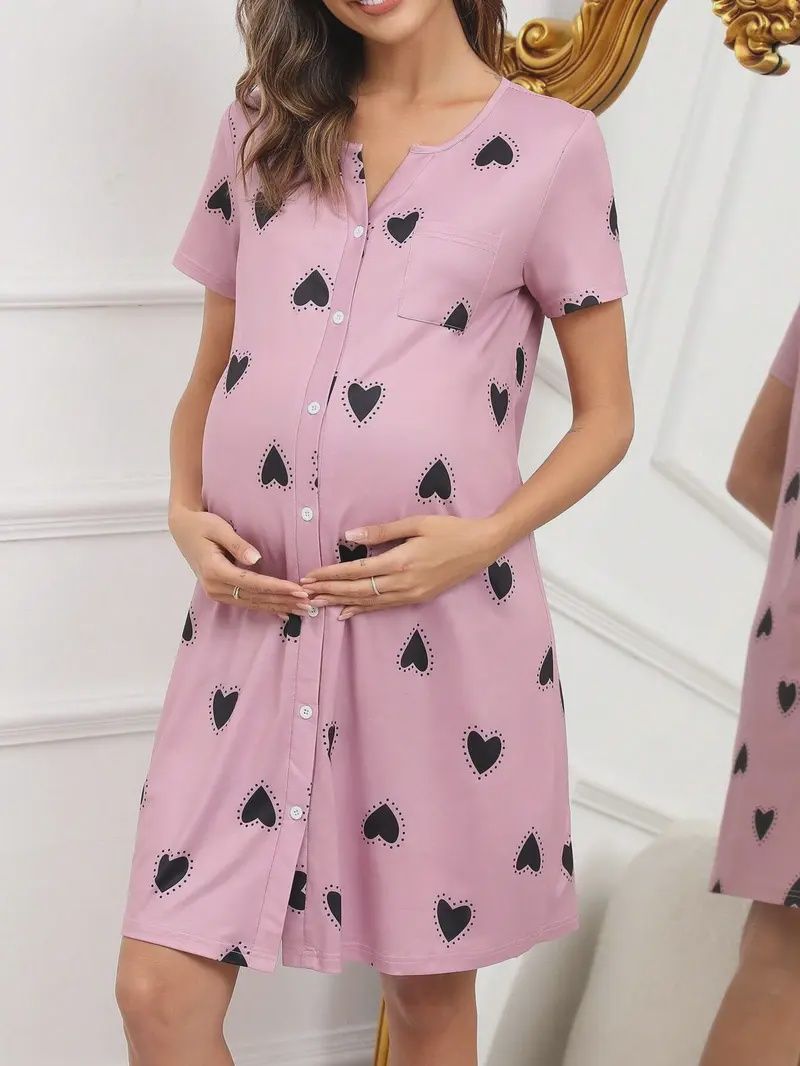 Maternity Home Pajamas Pink Nightgown Short Sleeve Skirt Dress, Size: Med