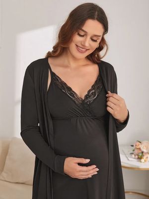 2pcs Maternity Pajama Set, V-Neck Long Sleeve Knit Fabric