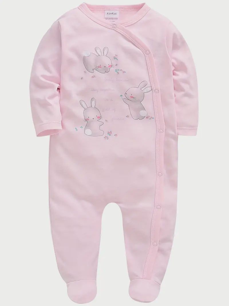 Baby&#39;s Cartoon Bunny &amp; Floral Pattern Cotton Footed Bodysuit, Size: 3-6M, Style: Rabbit