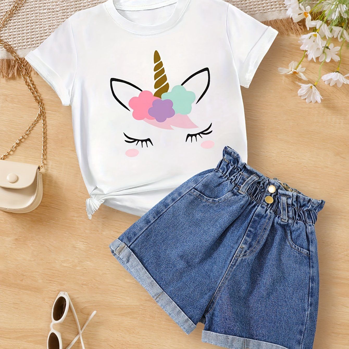 Cute Unicorn Print Girl&#39;s Casual Versatile Short Sleeve T-shirt &amp; Shorts Set - Unicorn, Size: 9-10 yrs