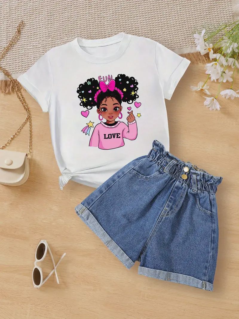 Adorable Cartoon Girl &amp; Heart Print Summer Outfit for Girls - Comfy Knit T-Shirt and Shorts Set, Size: 7-8yrs