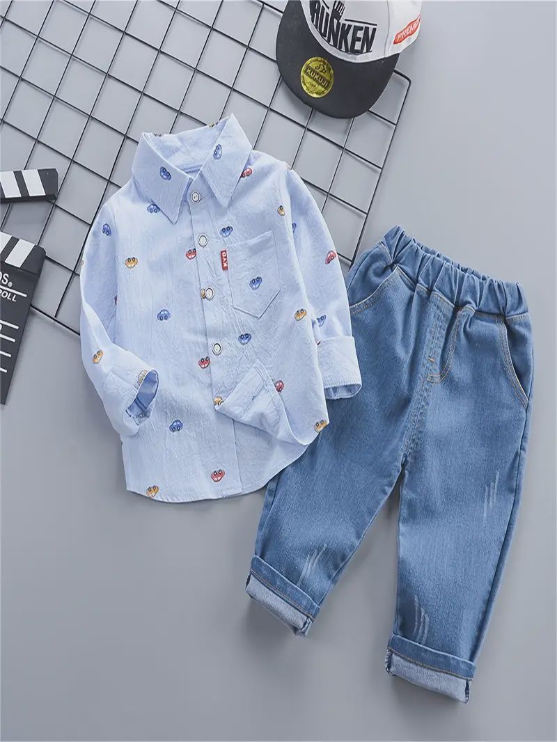 Spring And Autumn New Boy Car Printing V-neck Shirt Casual Two-piece Suit, Size: 1-2Y