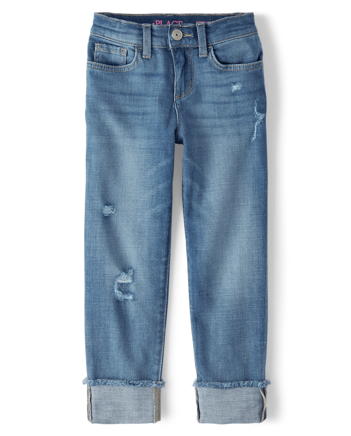 Girls Roll-Cuff Straight Jeans - blue, Size: 5