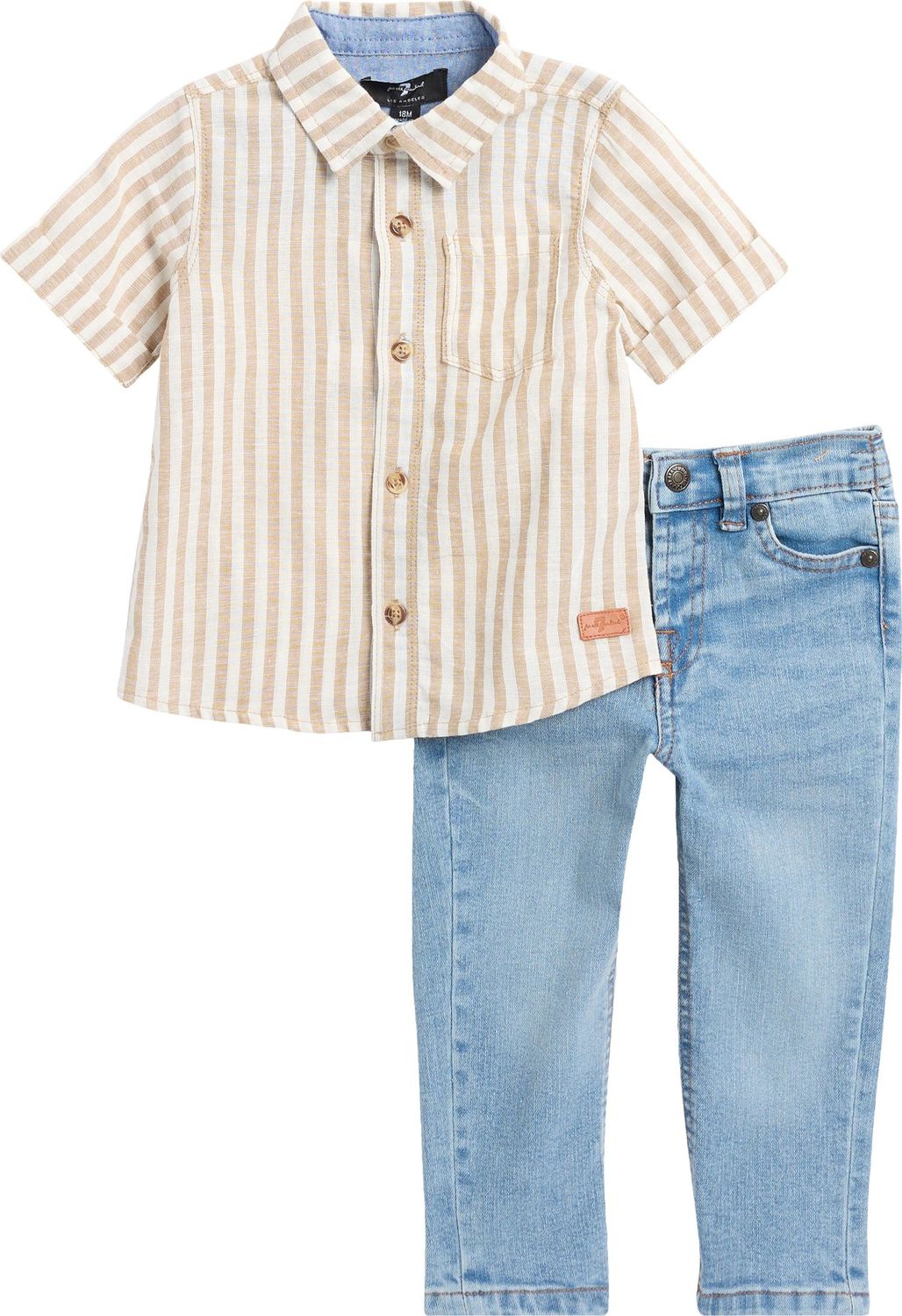 Short Sleeve Button-Up Shirt &amp; Jeans Set - Khaki, Size: 18M