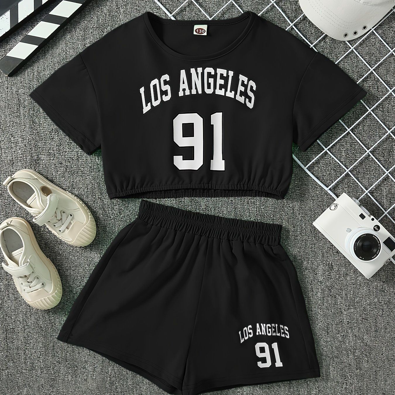 Pink &quot;Los Angeles 91&quot; Print T-Shirt &amp; Shorts Set, Round Neck, Stretchy Polyester, Summer Style, Elegant Fit, Casual Sportswear, Size: 11-12Y