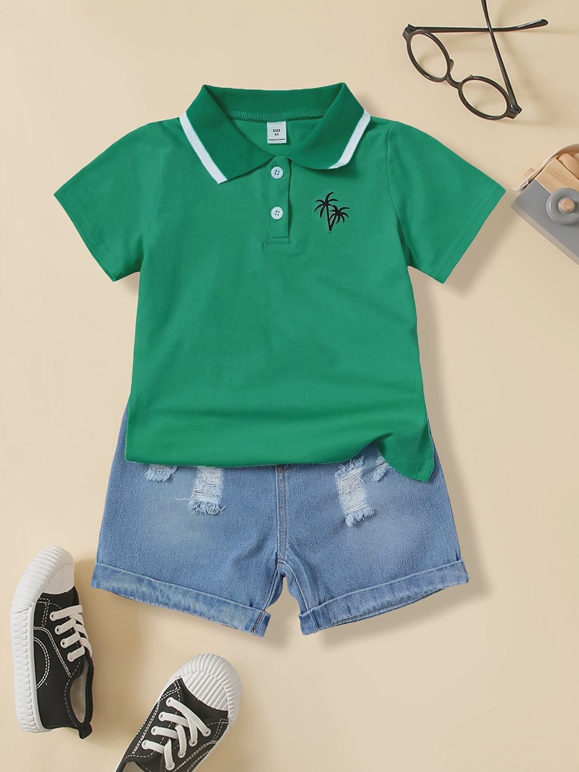 Boys&#39; Casual Lapel Collar T-Shirt with Coconut Tree, Size: 4Y