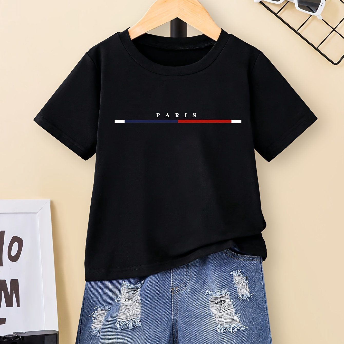 Handsome and Fashionable Youngsters Boy&#39;s Letter Print Round Neck Short Sleeve Loose Casual Classic Denim Shorts, Size: 6Y