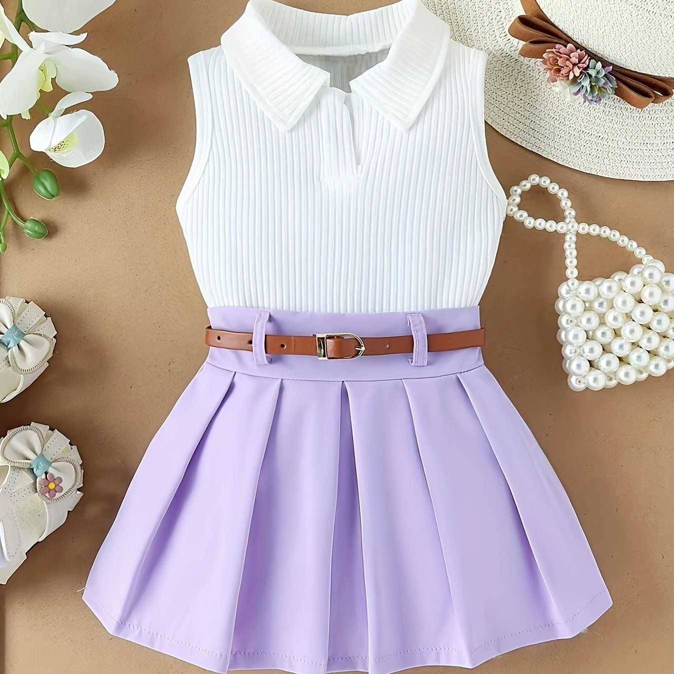 3pcs Girls&#39; Fashion Set with T-shirt + Pleated Skirt, Size: 1-2 Y