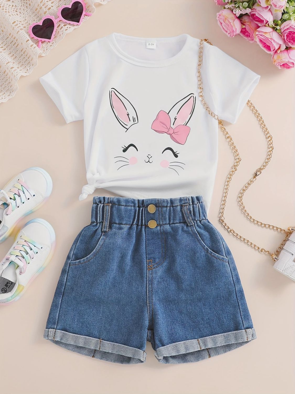 Two-Piece Set for Girls Featuring Stylish Denim Pants - Bunny, Size: 2-3Y