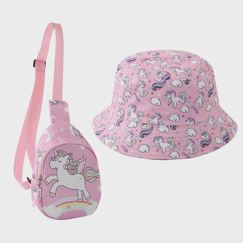 2pcs Girls&#39; Pink Unicorn Printed Bucket Hat And Shoulder Bag Set