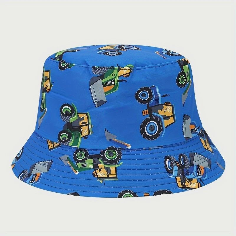 Cartoon Bulldozer Print Bucket Hat, Color: Blue