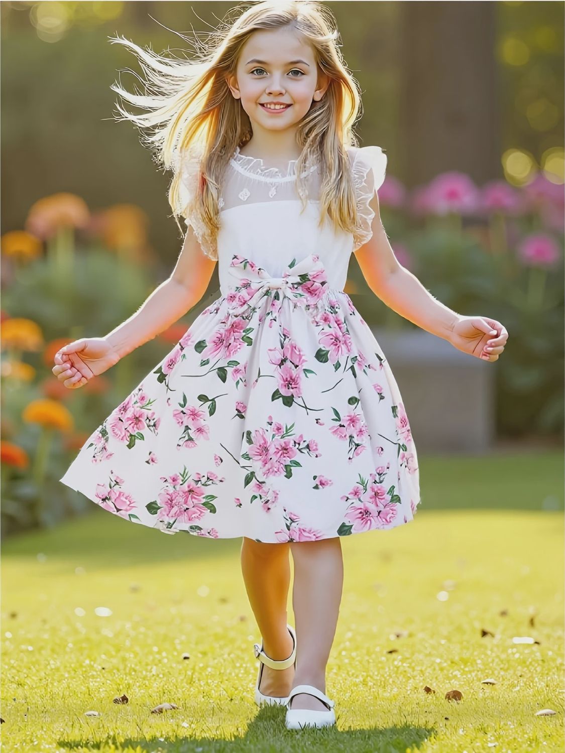 Girls&#39; Sweet Dress with Floral Print And Mesh Patchwork, Size: 7Y