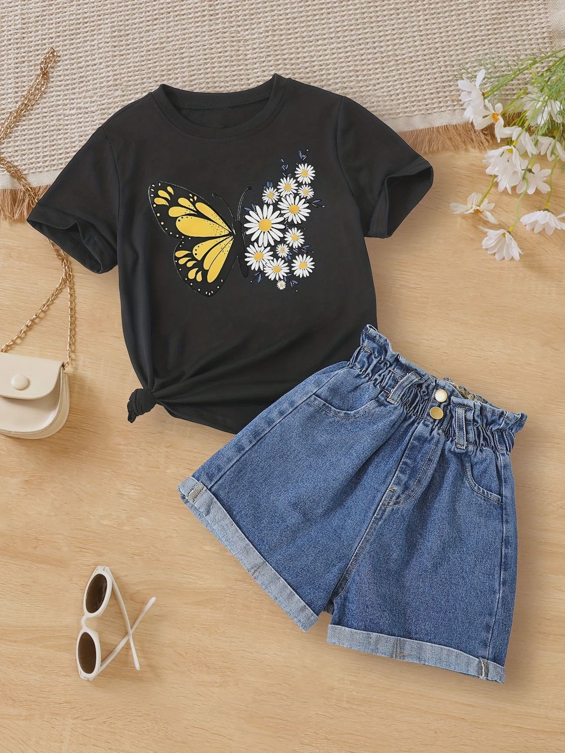 Colored Butterfly And Daisy Splicing Graphic Print Girl&#39;s Outfit Set, Size: 7-8Y, Color: Black