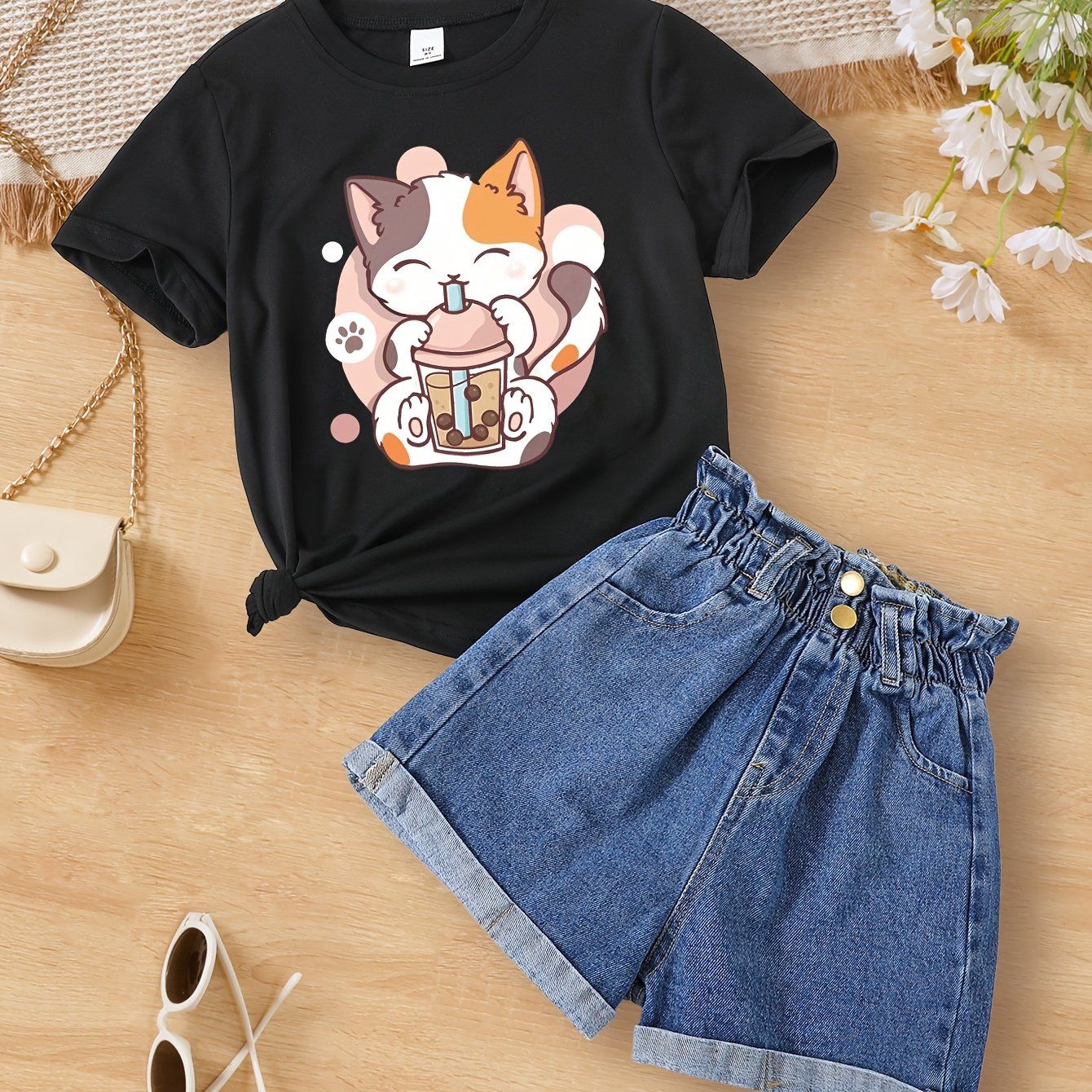 Cute Short-Sleeve Round-Neck T-Shirt - Cat, Size: 7-8Y