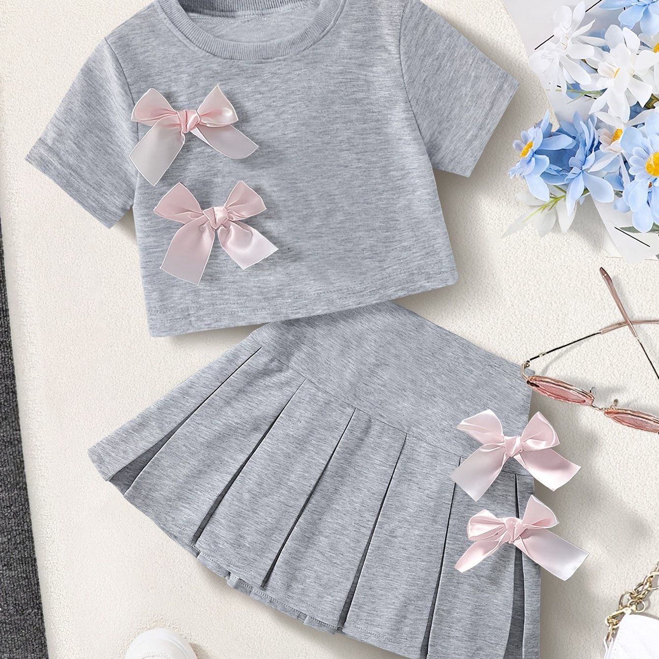 Girls&#39; 2pcs Set, Casual Short Sleeve T-Shirt with Bow Detail &amp; Skirt, Size: 9Y