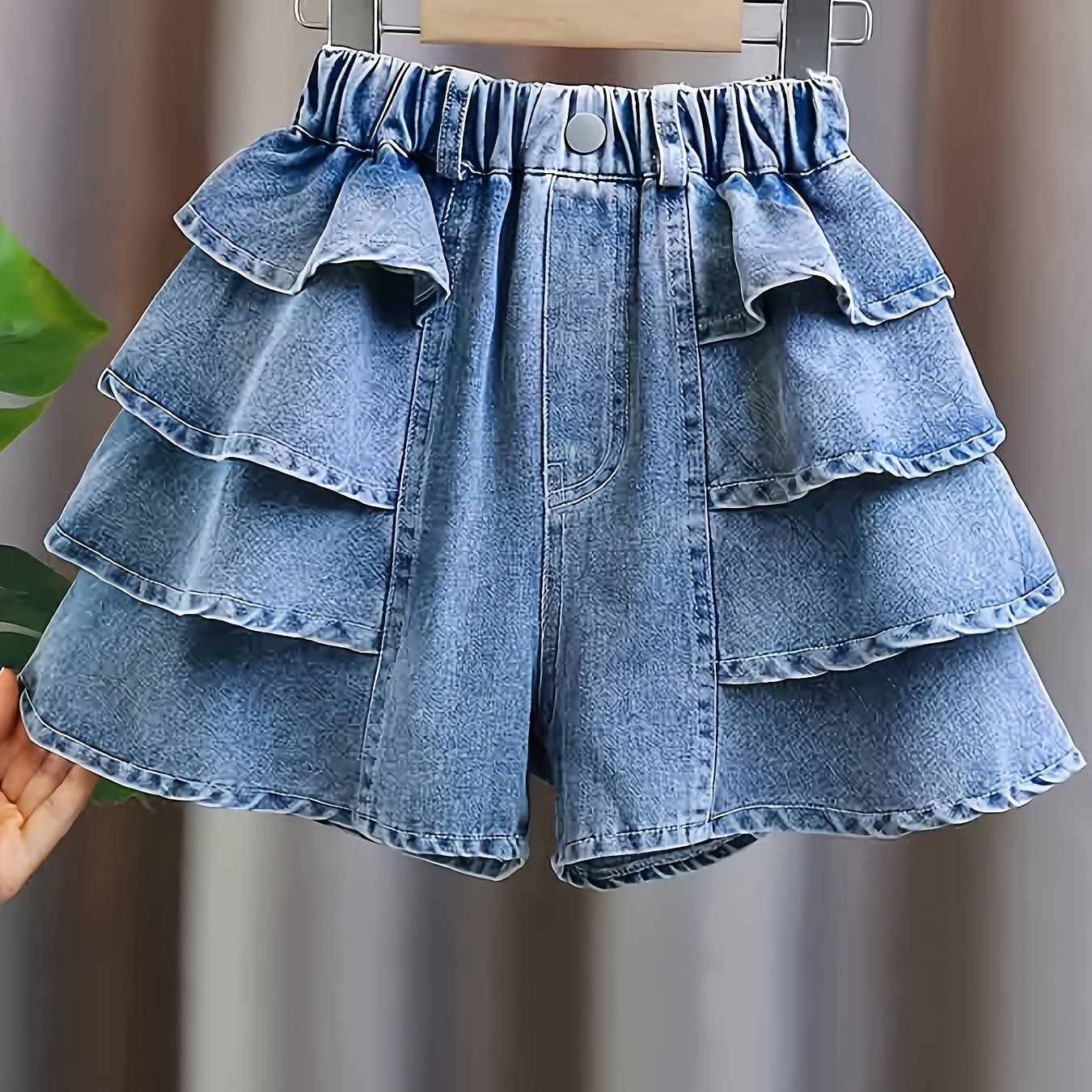 Girls&#39; Fashionable And Versatile Ruffled Denim Shorts, Size: 11-12Y