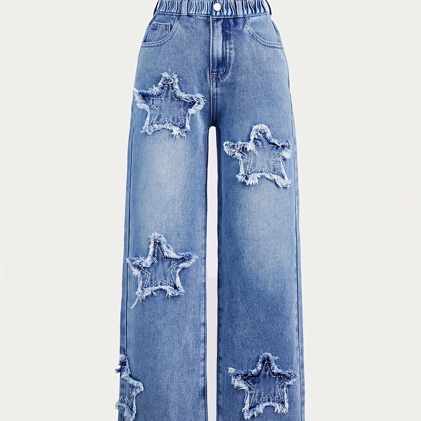 Five-Star Patch Embroidered Trendy Straight-Leg Jeans, Size: 9-10Y