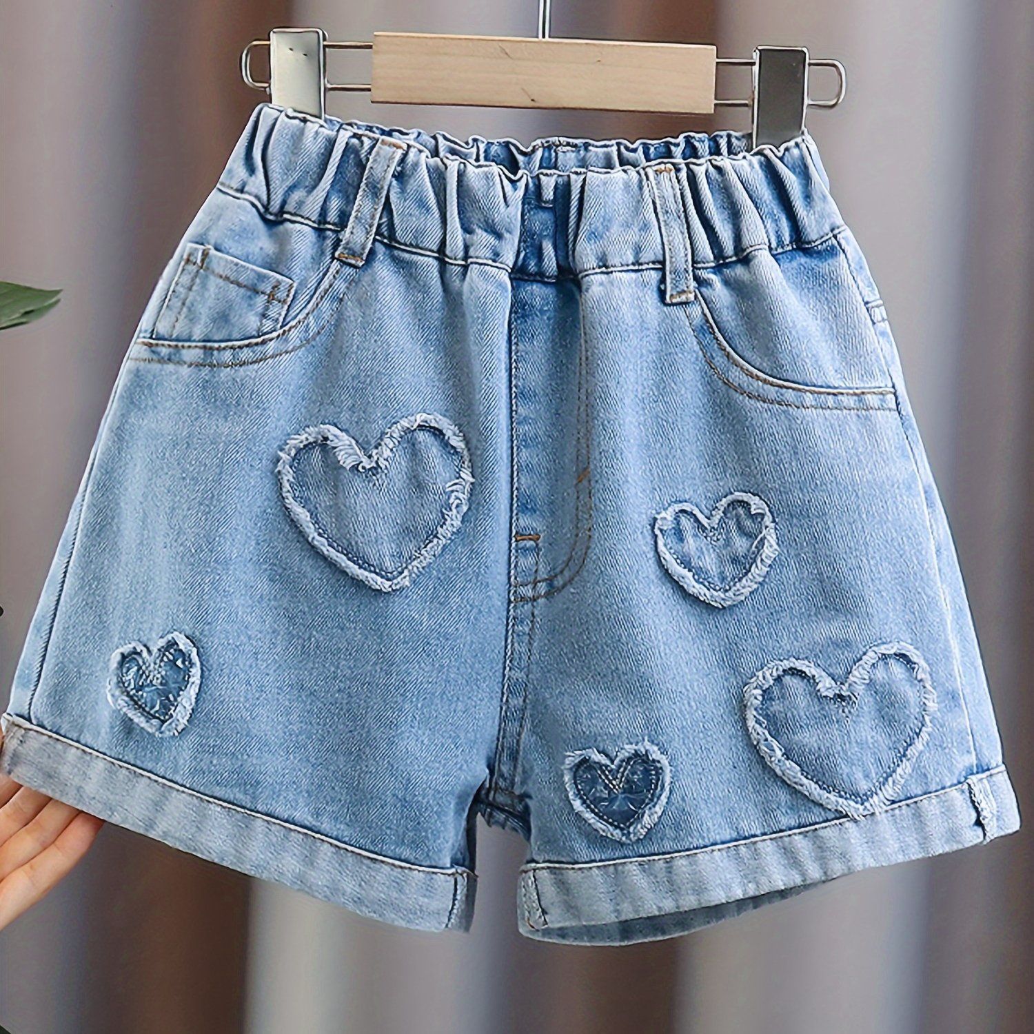 Girls&#39; Summer Cute Heart Denim Shorts, Size: 7-8Y
