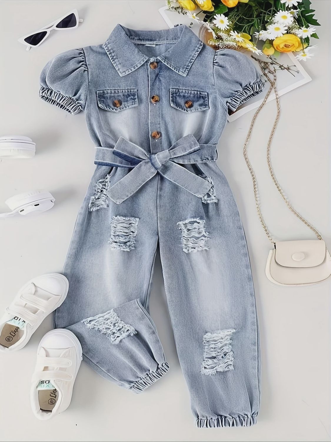 Little Girl Summer Short Sleeve Denim Romper with Holes 2pcs Set, Size: 5Y