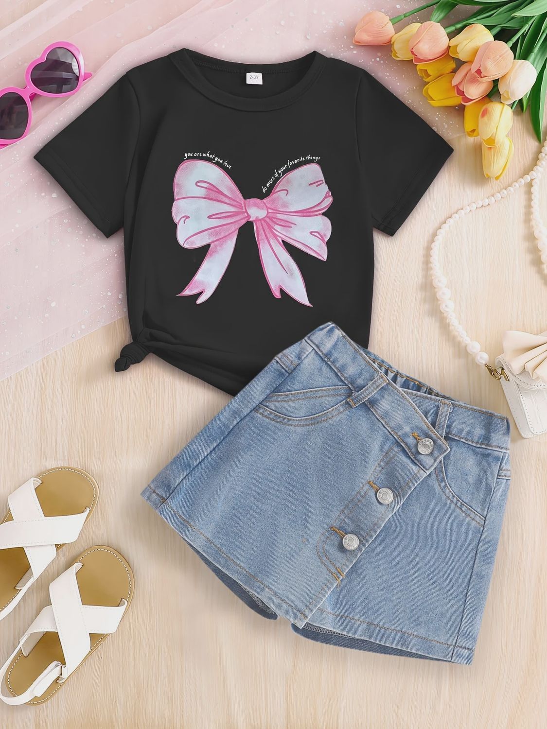 2pcs Girls Casual Short Pants Set - Bow, Size: 7Y