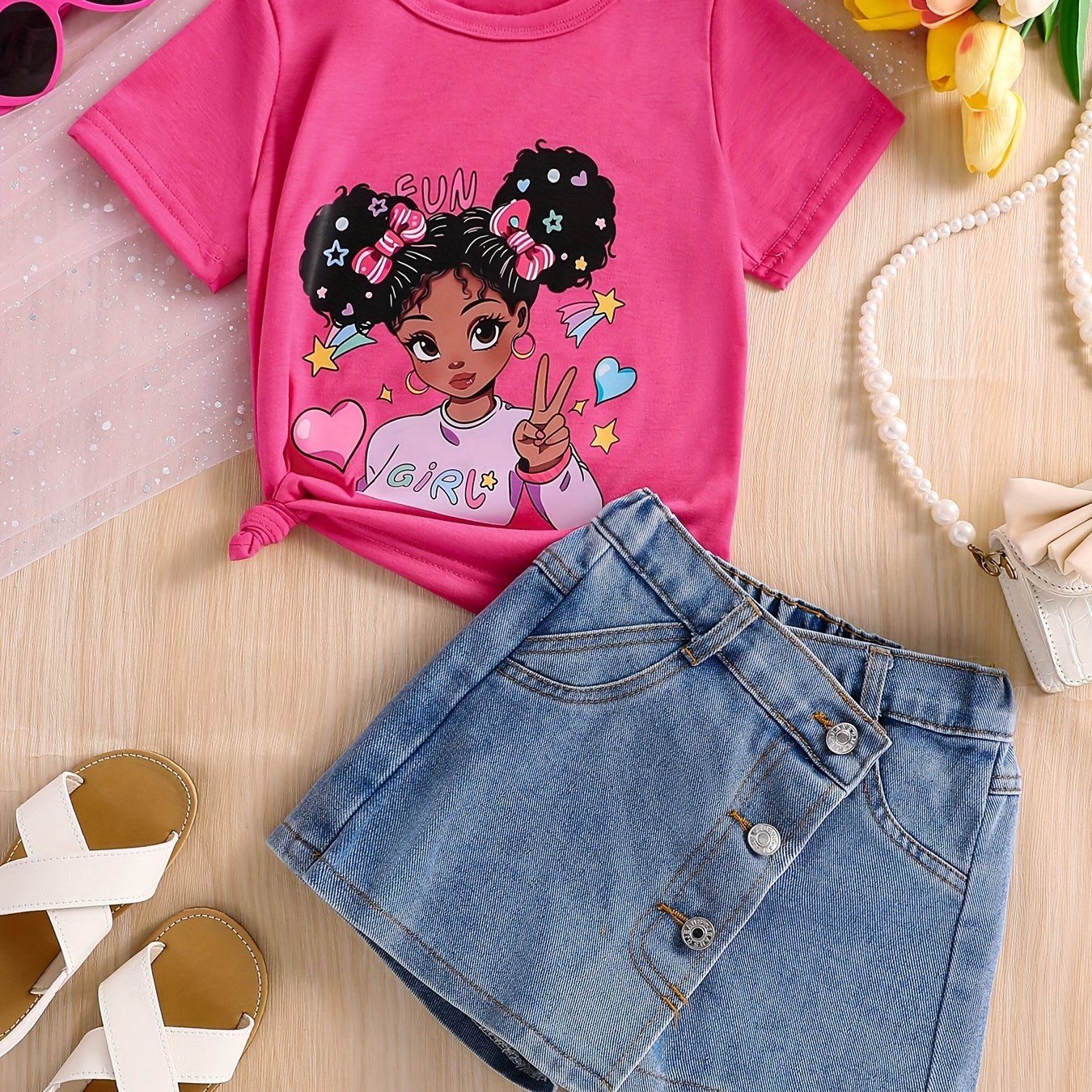2pcs Set Girls Denim Shorts Suit - Fun Girl, Size: 2-3Y