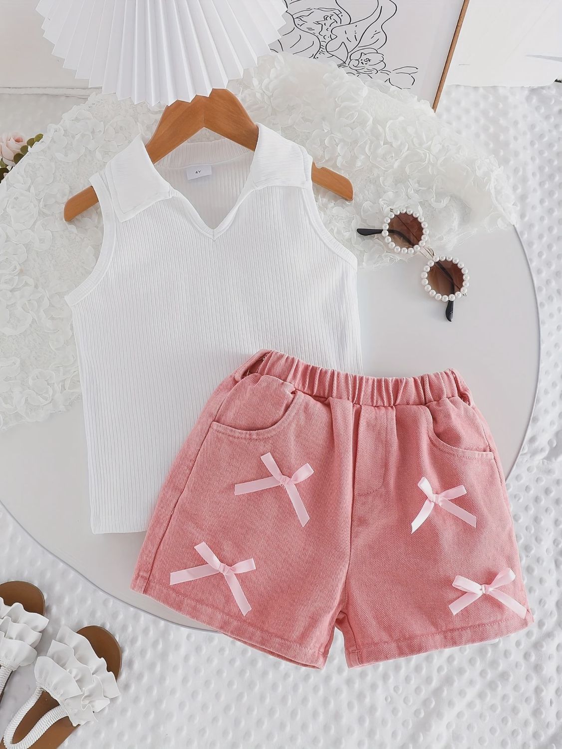 Girls summer simple large V-neck vest top &amp; pink bow denim shorts, Size: 4Y