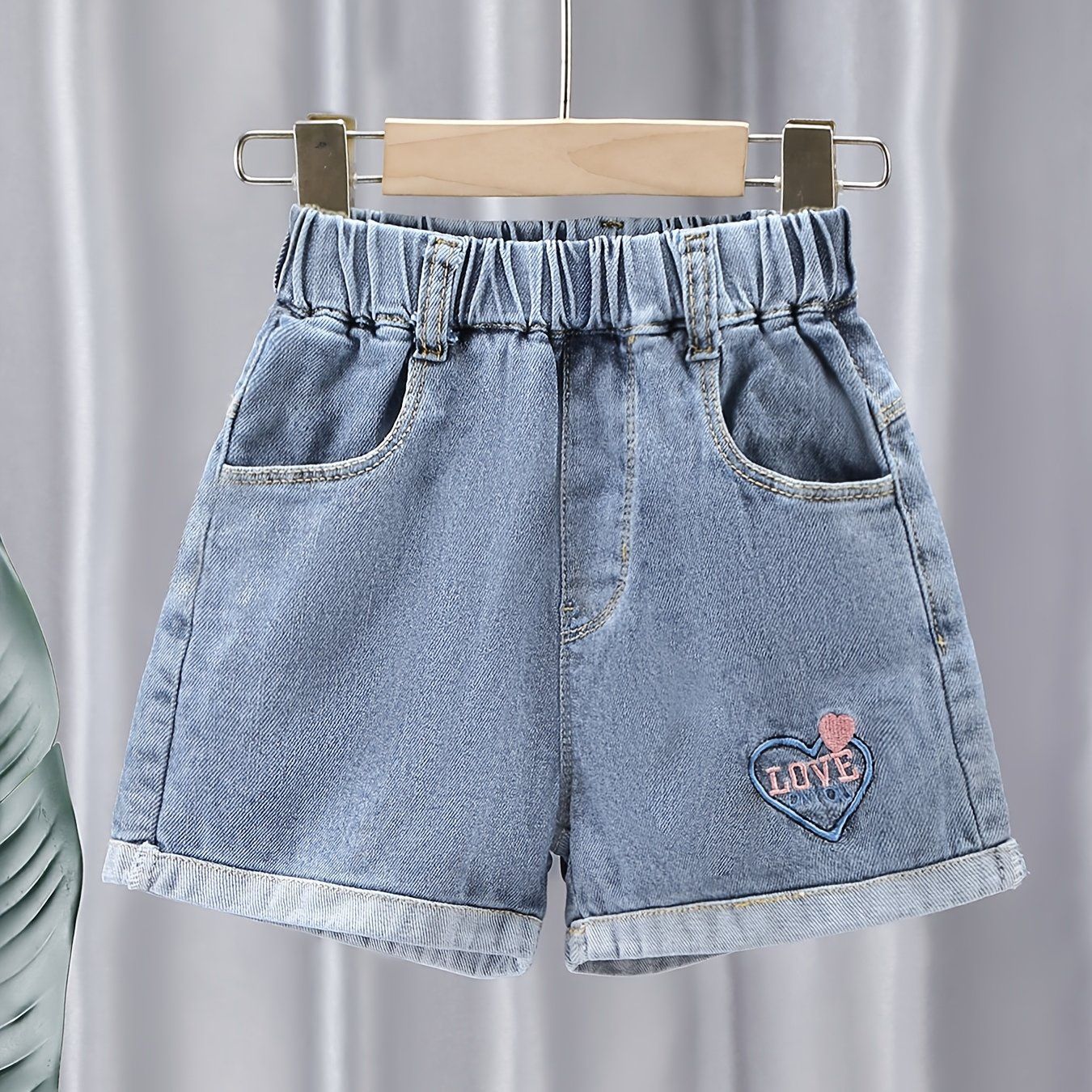 Girls&#39; Denim Shorts with Love Embroidery, Size: 4-5Y