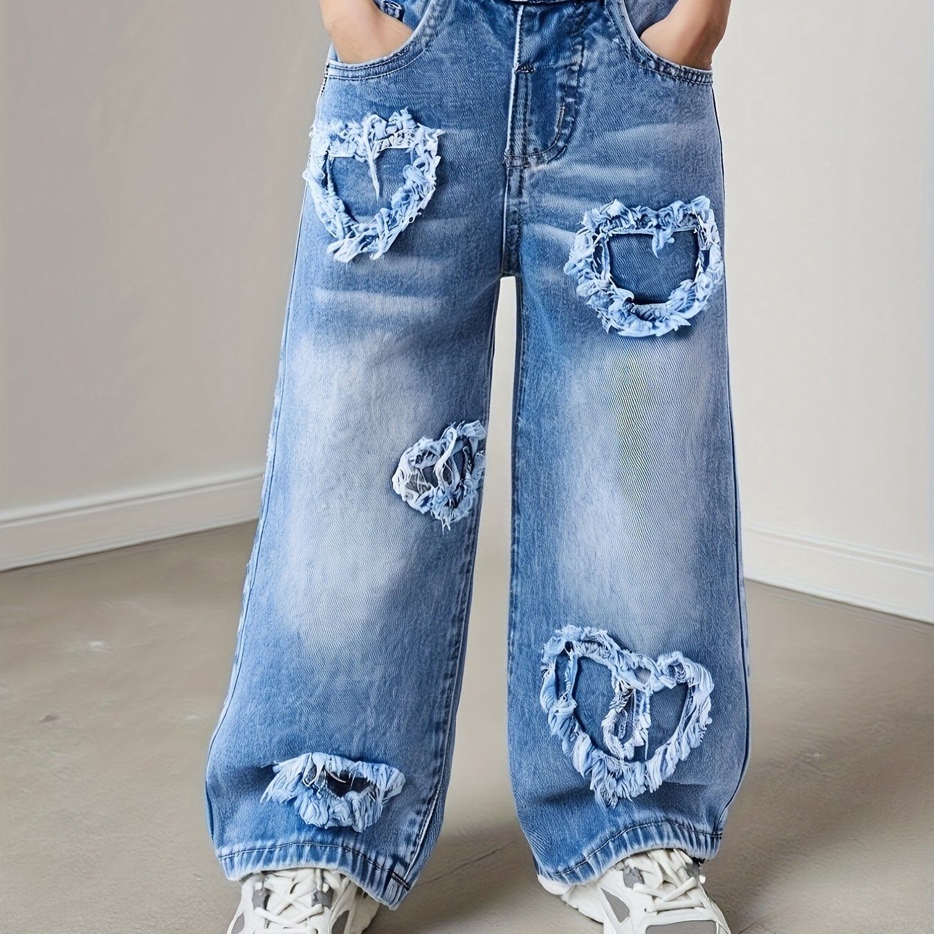 Y2K Heart Patchwork Girls&#39; Straight-Leg Jeans, Size: 3-4Y