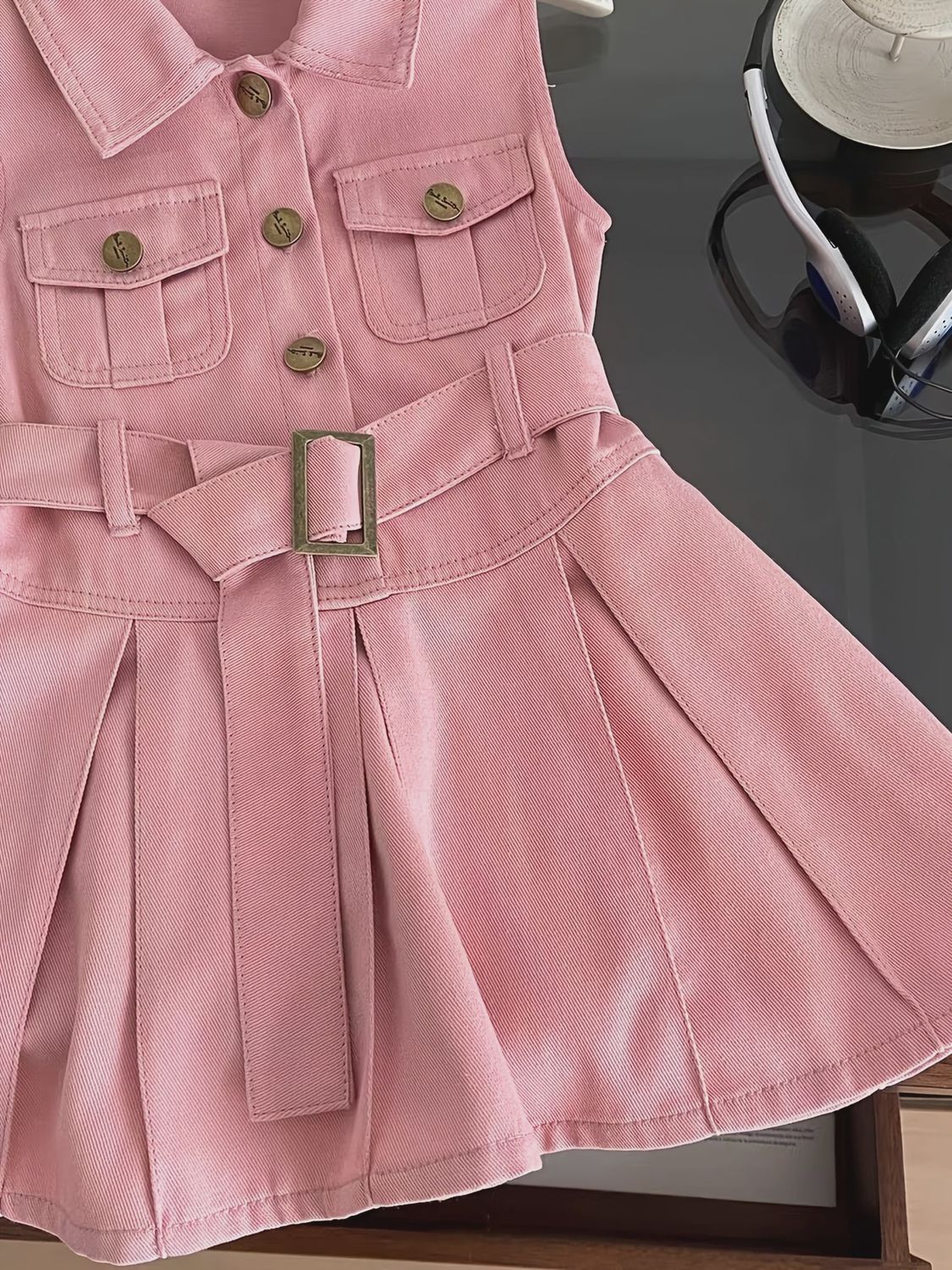 Chic Pink Sleeveless Denim Dress for Girls, Size: 1-2Y