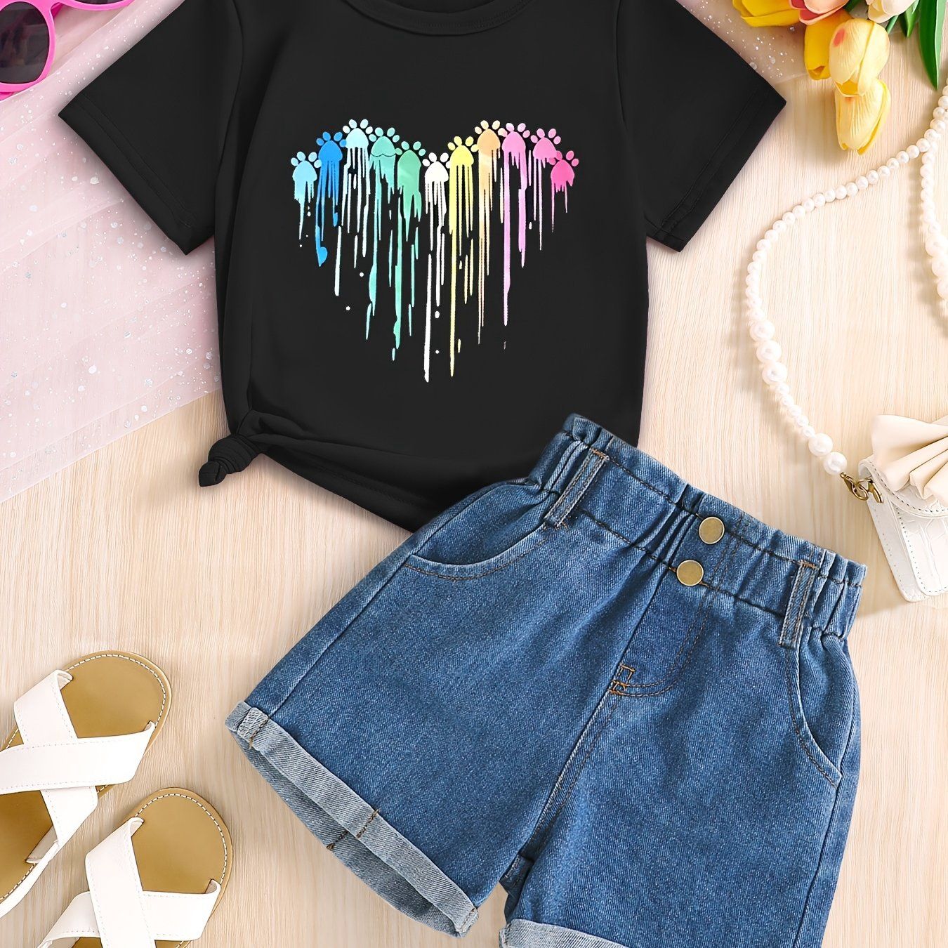 Stylish Two-Piece Set for Girls Featuring Print Short Sleeves And Denim Shorts, Size: 6Y