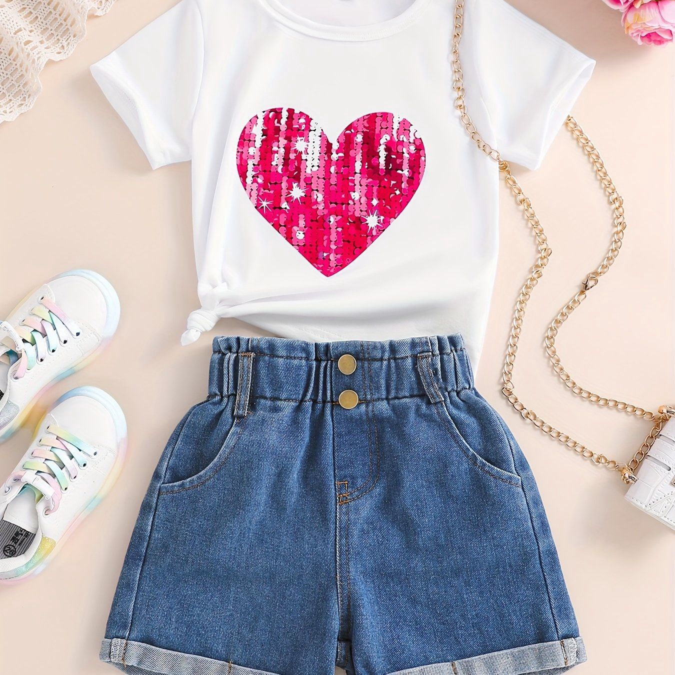 2pcs Set for Girls, Denim Two-piece Set with Print, Size: 7Y